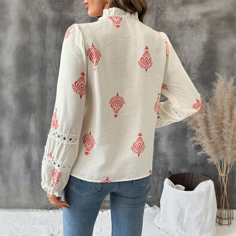 Stand Collar Ethnic Print Shirt For Women - Velerat