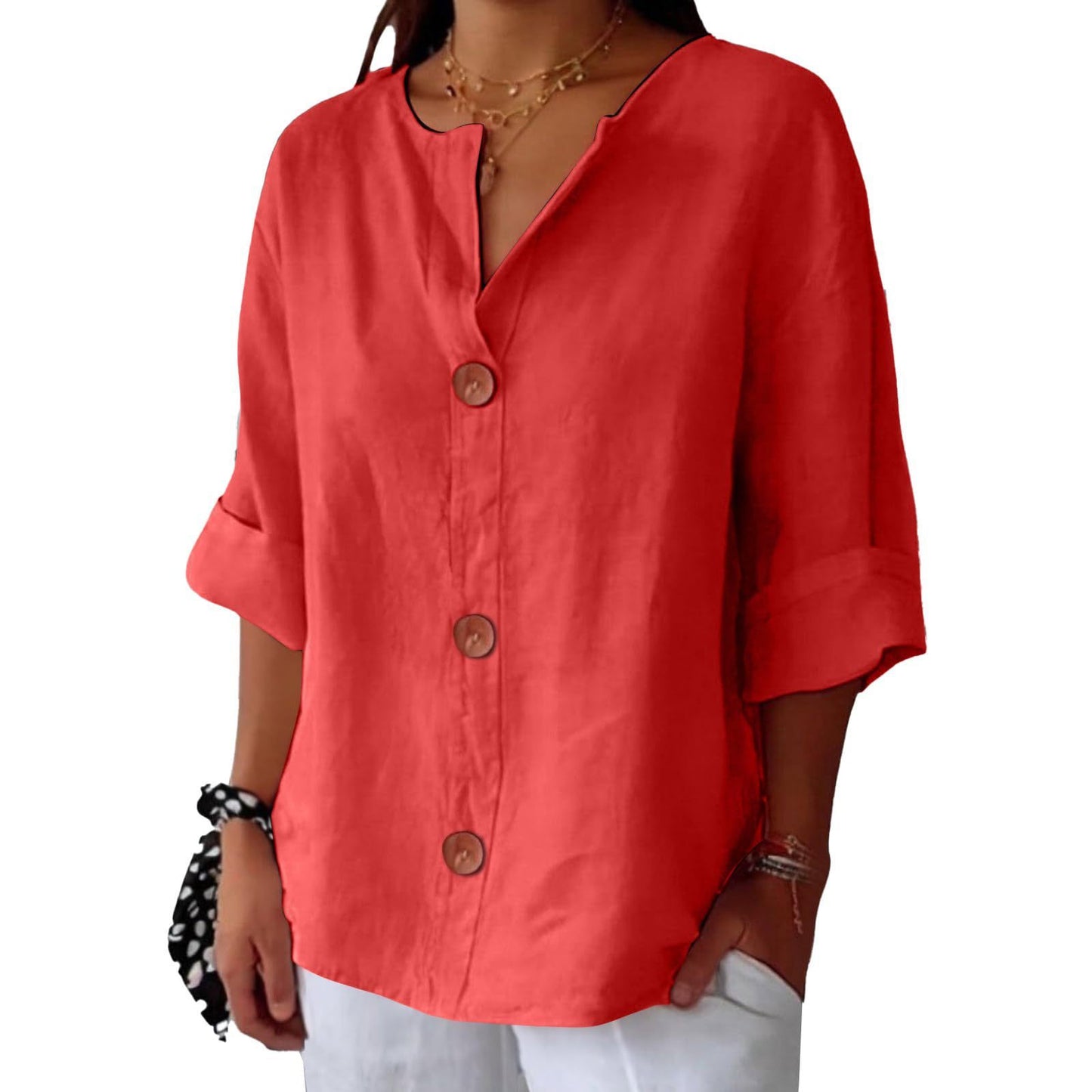 Loose T-shirt Women's V-neck Cotton And Linen Button Top - Velerat