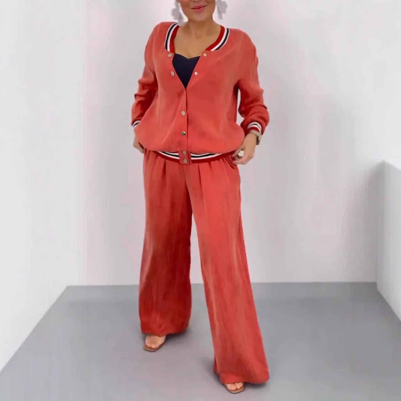 Round Neck Stitching Cardigan Top Wide Leg Pants Casual Women's Suit - Velerat