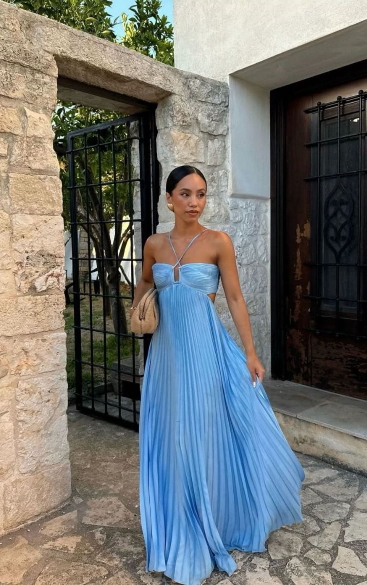 Ins Pleated Sleeveless Sling Dress Hollow High Waist Halter Robe Dresses For Evening Party Club Clothing Women - Velerat