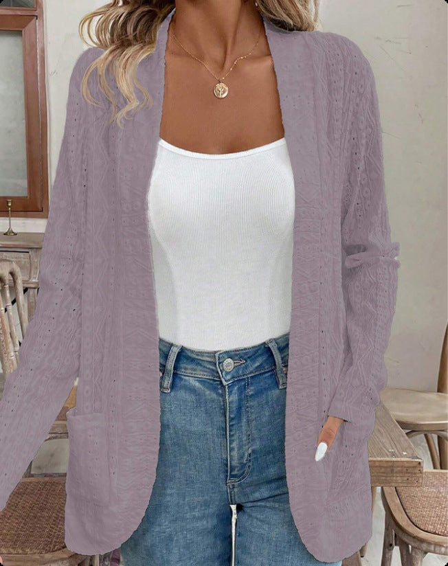 Jacquard Hollowed Leisure Stitching Long-sleeved Cardigan - Velerat