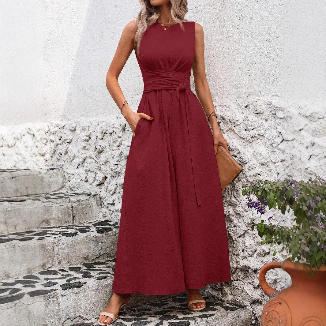 Women's Solid Color Round Neck Sleeveless Loose Casual Dress - Velerat