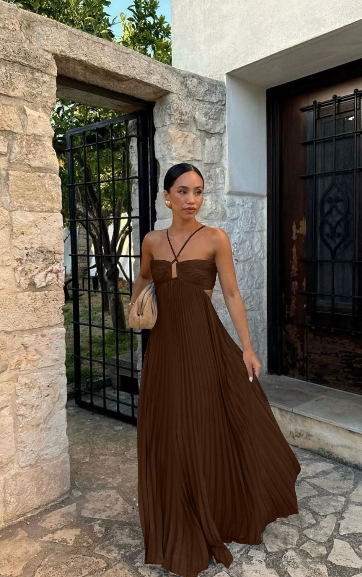 Ins Pleated Sleeveless Sling Dress Hollow High Waist Halter Robe Dresses For Evening Party Club Clothing Women - Velerat