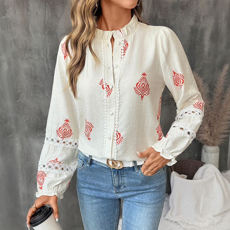 Stand Collar Ethnic Print Shirt For Women - Velerat