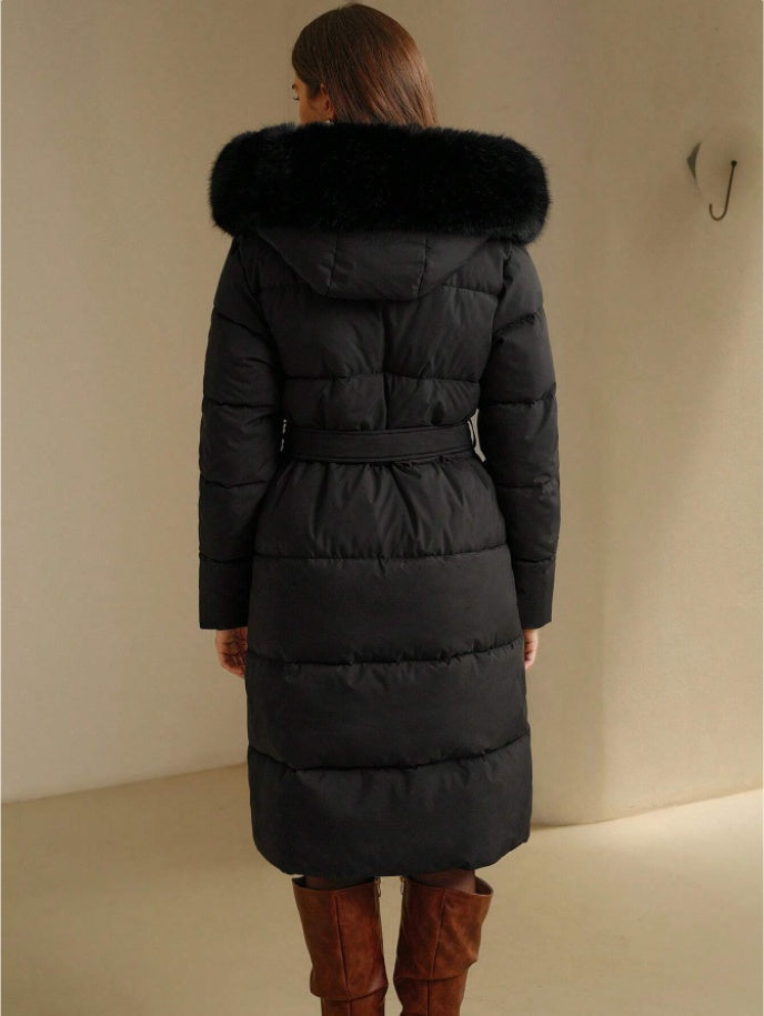 Anewsta Women's Solid Color Long Sleeve Zip Up Hooded Padded Coat With Faux Fur Trim - Velerat
