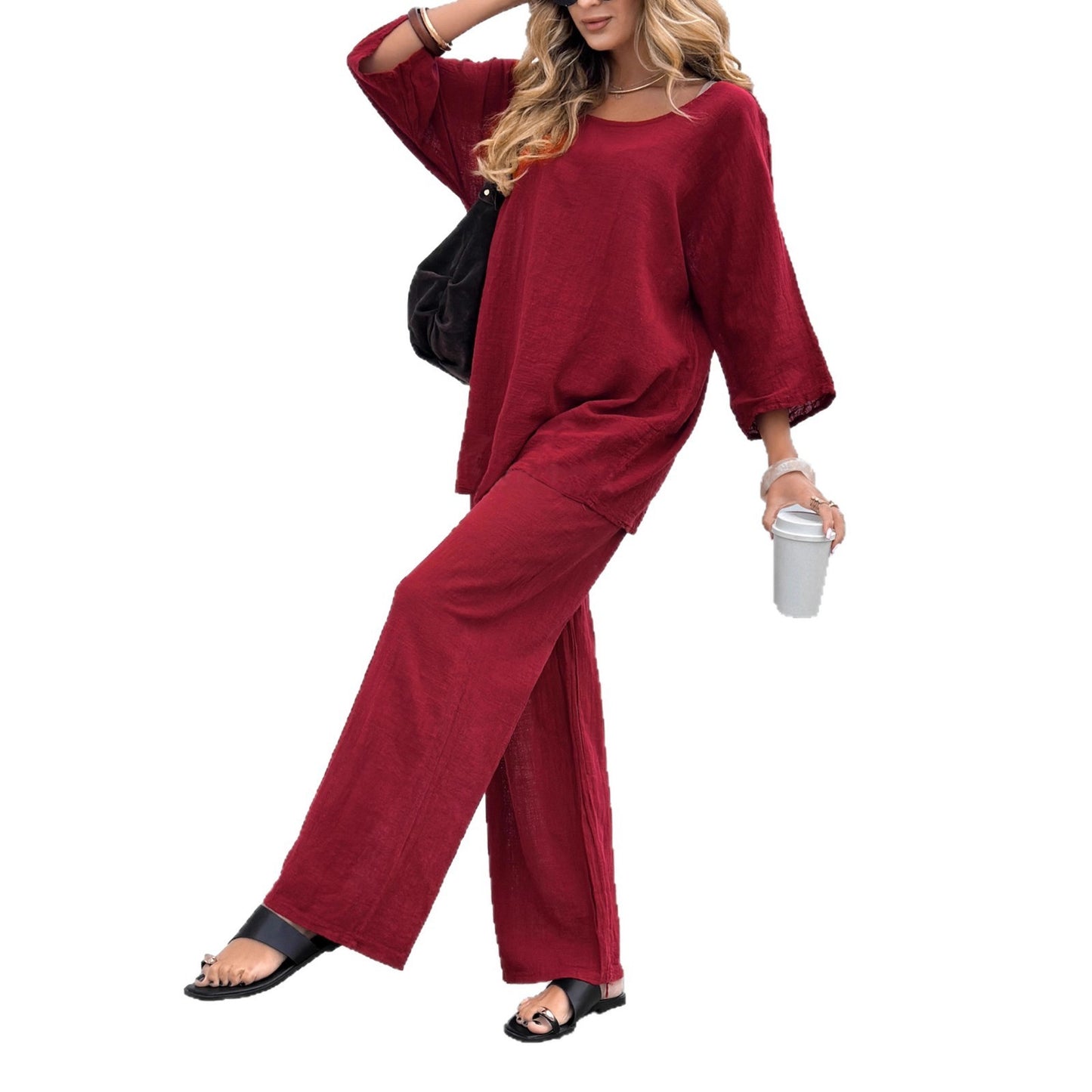 Round Neck Cotton And Linen Top Casual Lace Up Loose Pants Suit - Velerat