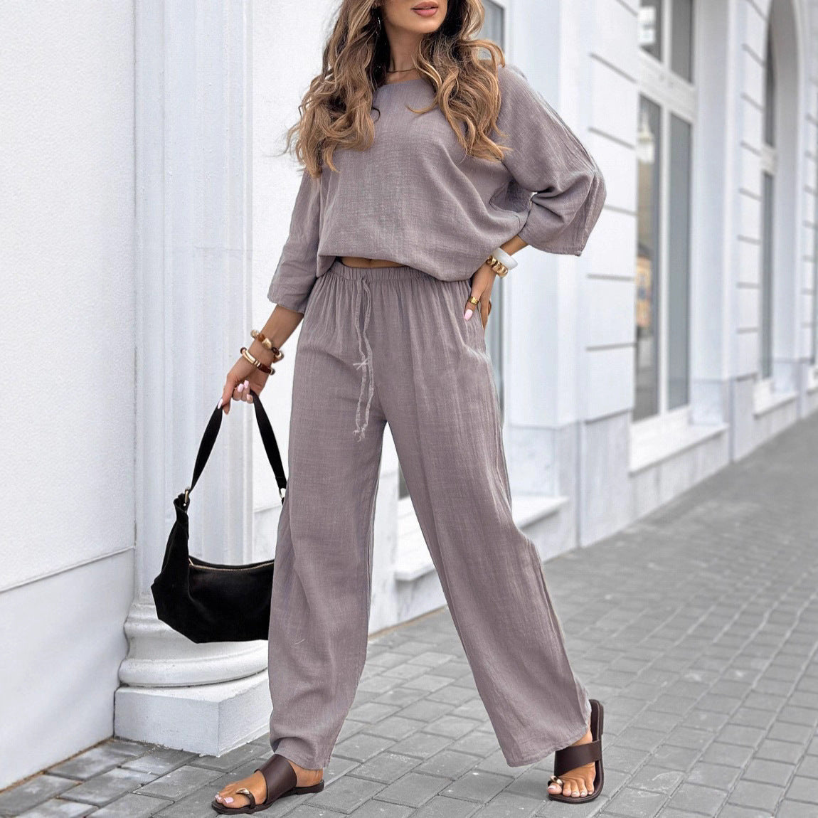 Round Neck Cotton And Linen Top Casual Lace Up Loose Pants Suit - Velerat