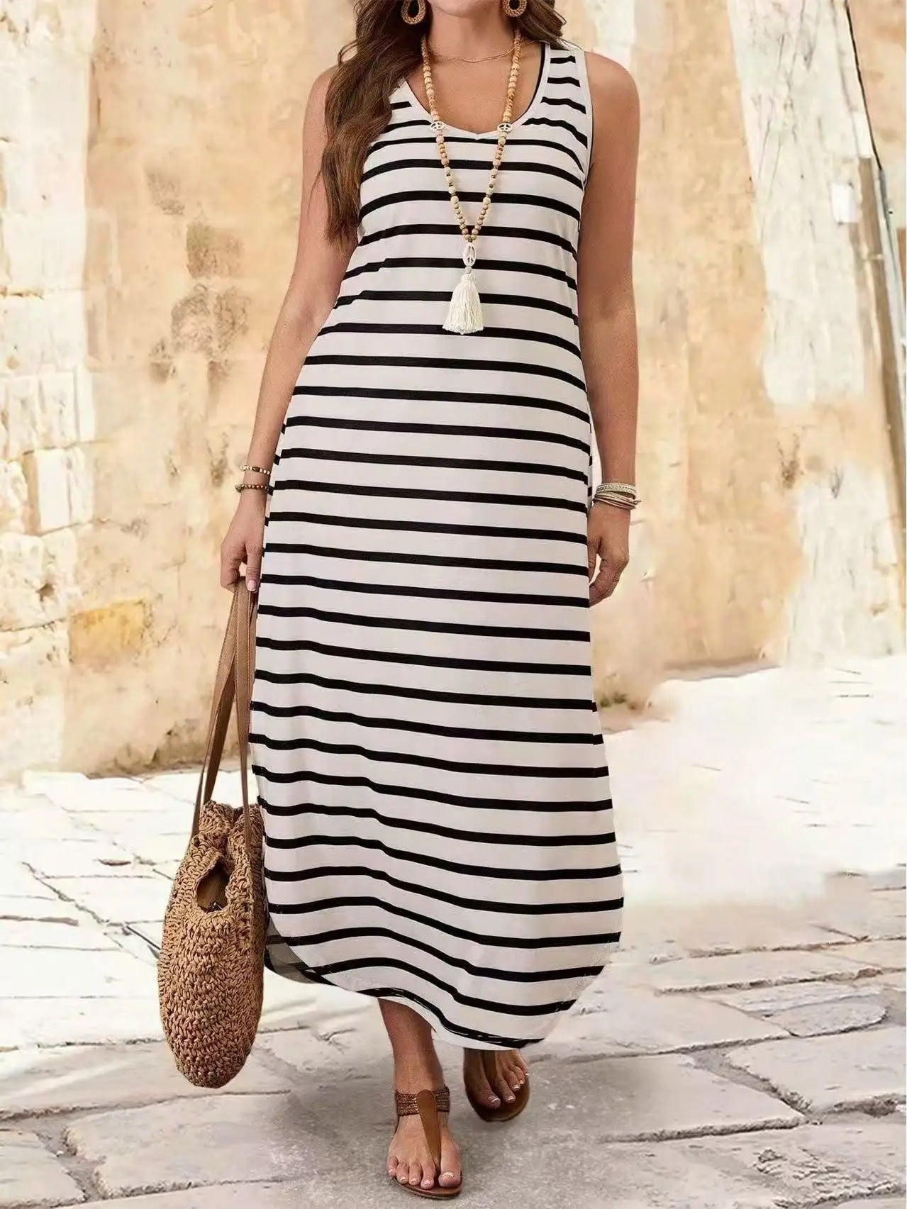 Women's Striped Sleeveless Casual Sexy Beach Dress - Velerat