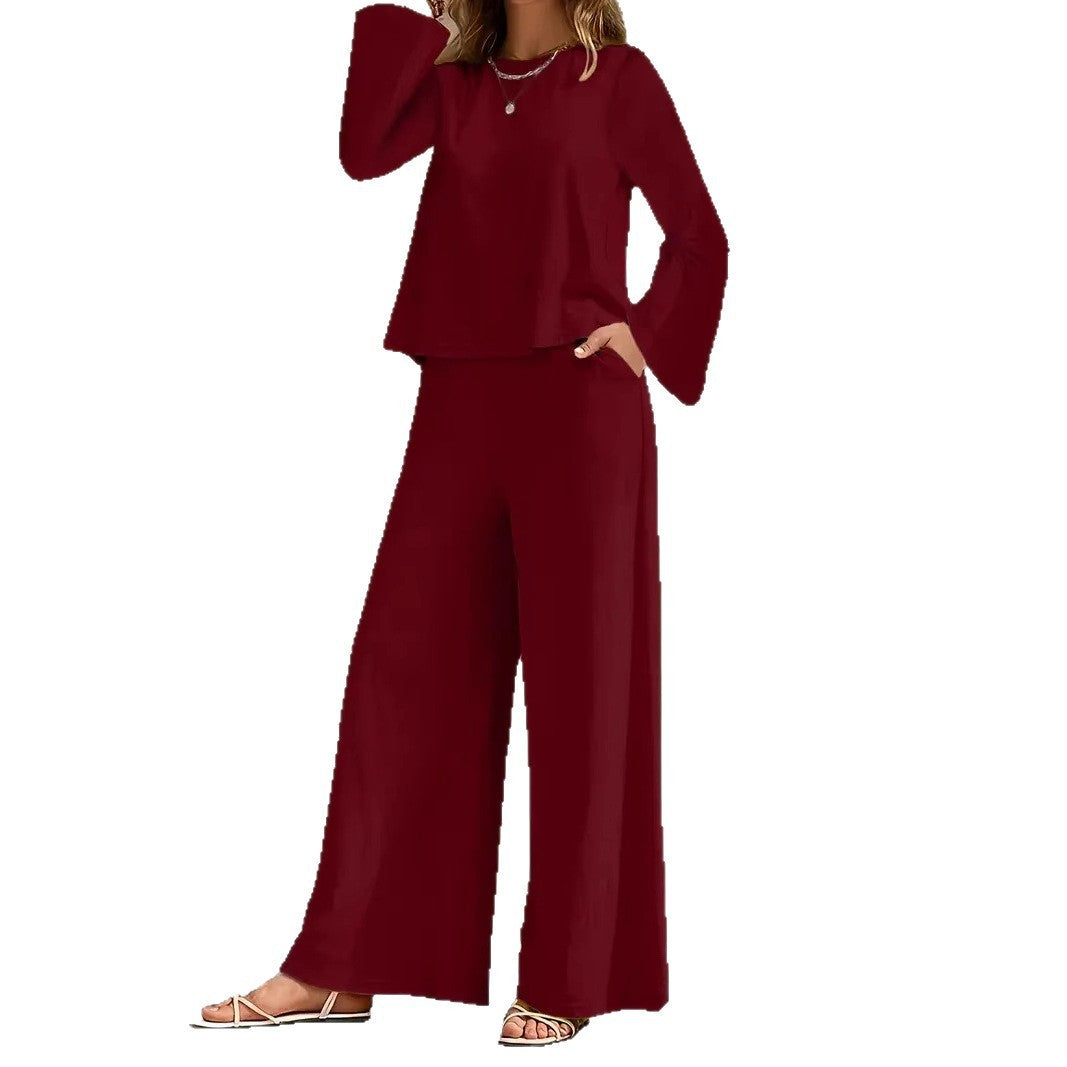 Long Sleeve Loose Wide Leg Pants Suit - Velerat