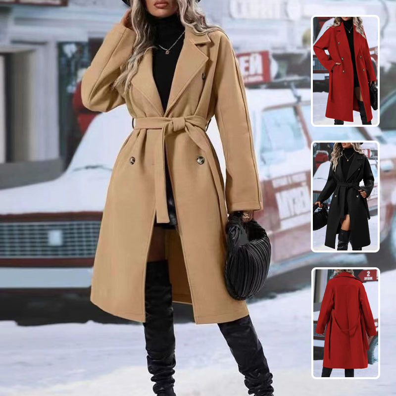 Lapel Double-breasted Trench Coat With Belt Winter Fashion Outwear Women Clothing - Velerat