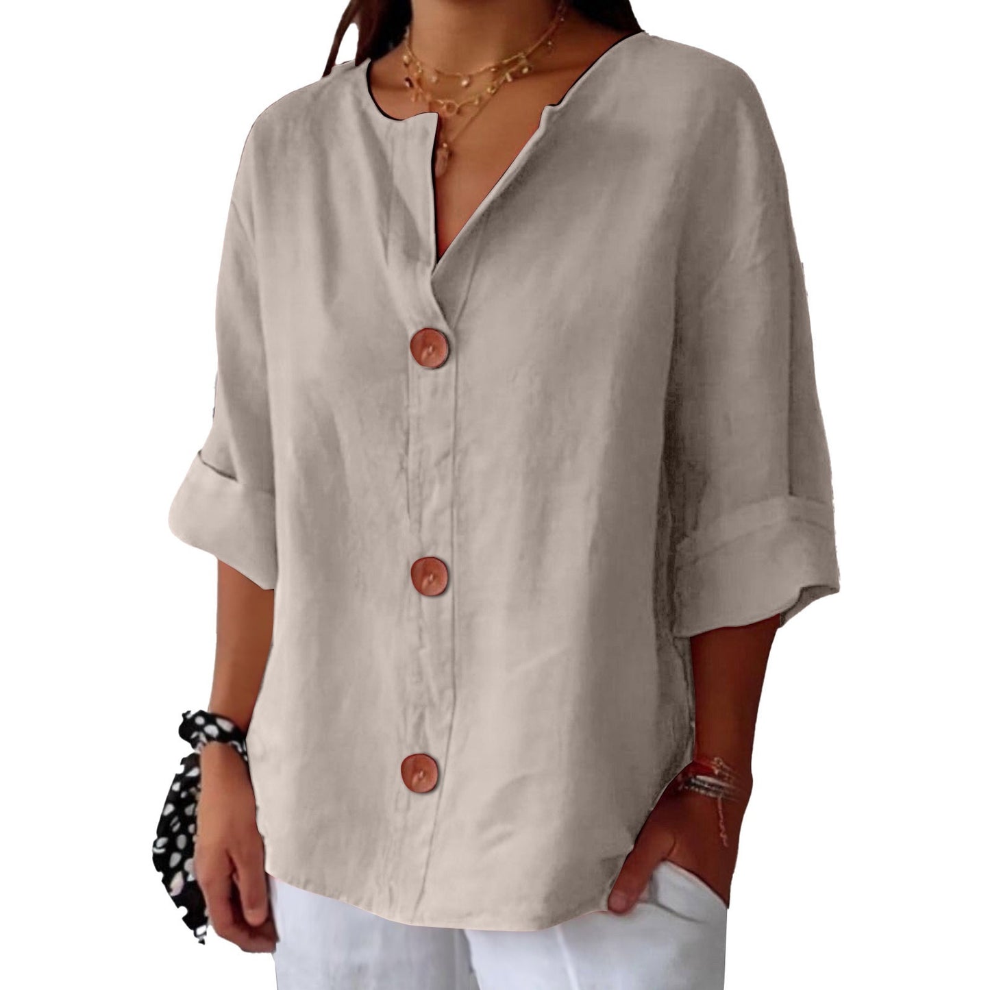 Loose T-shirt Women's V-neck Cotton And Linen Button Top - Velerat