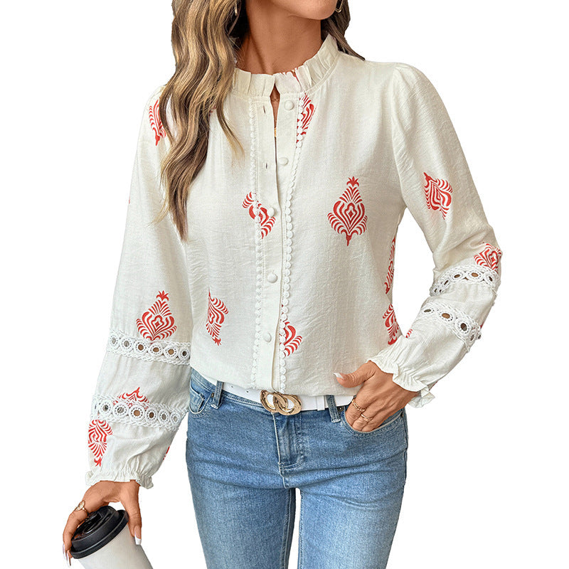 Stand Collar Ethnic Print Shirt For Women - Velerat