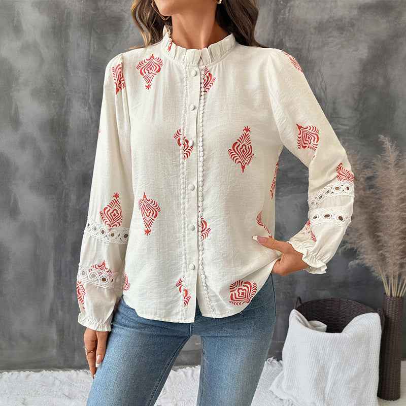 Stand Collar Ethnic Print Shirt For Women - Velerat