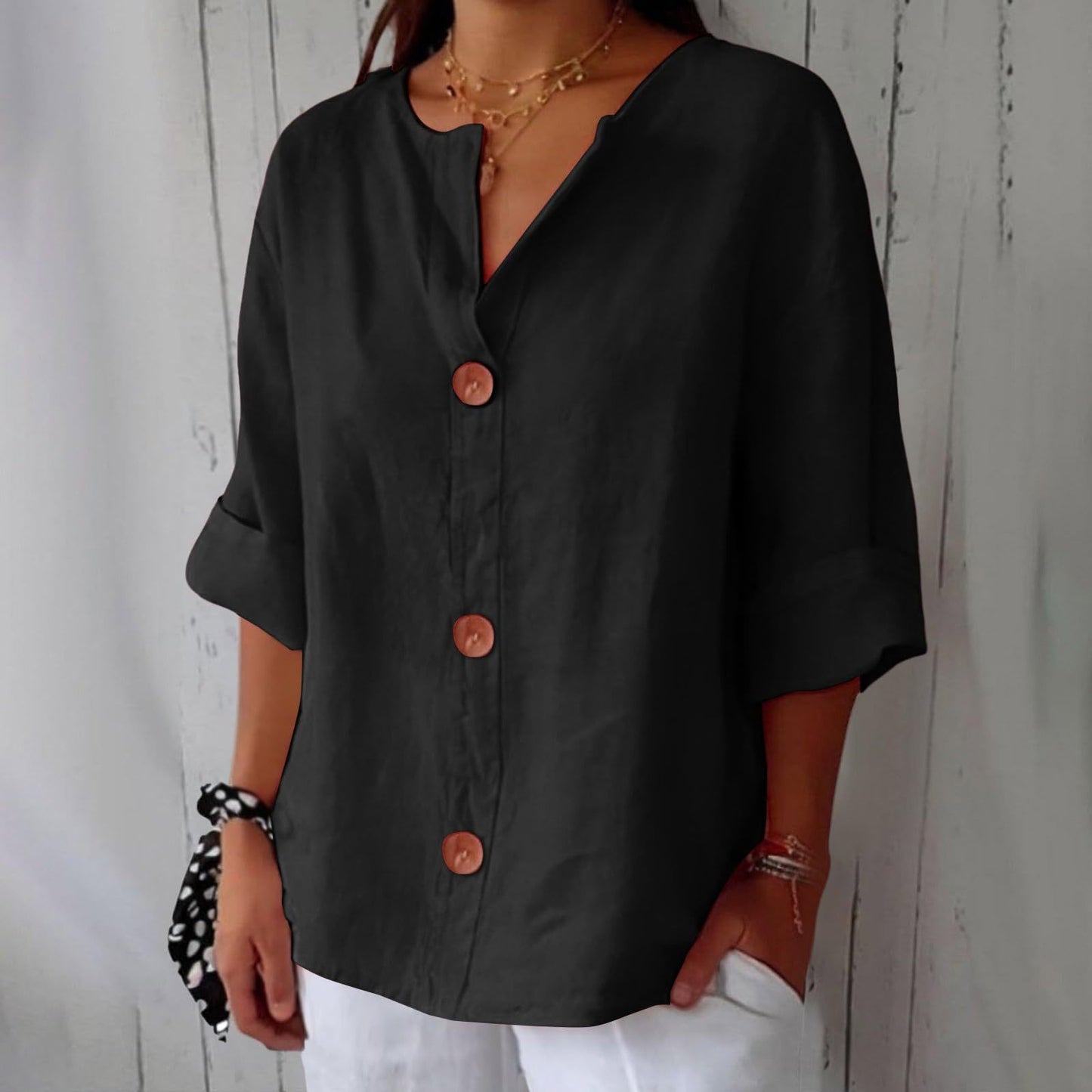 Loose T-shirt Women's V-neck Cotton And Linen Button Top - Velerat