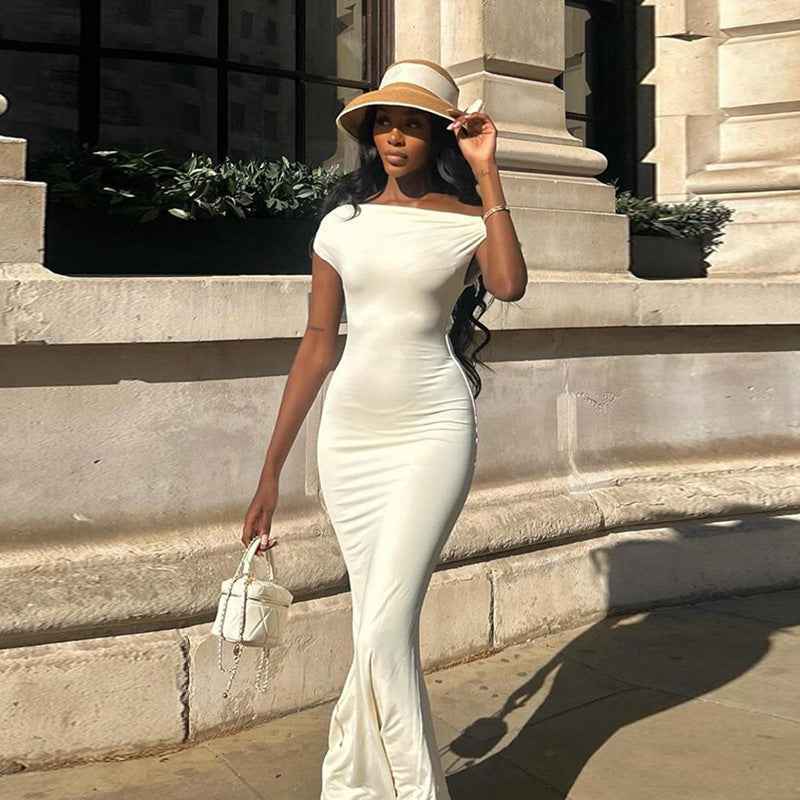 Off-shoulder Pleated Slim Fit Sexy Backless Dress Women - Velerat