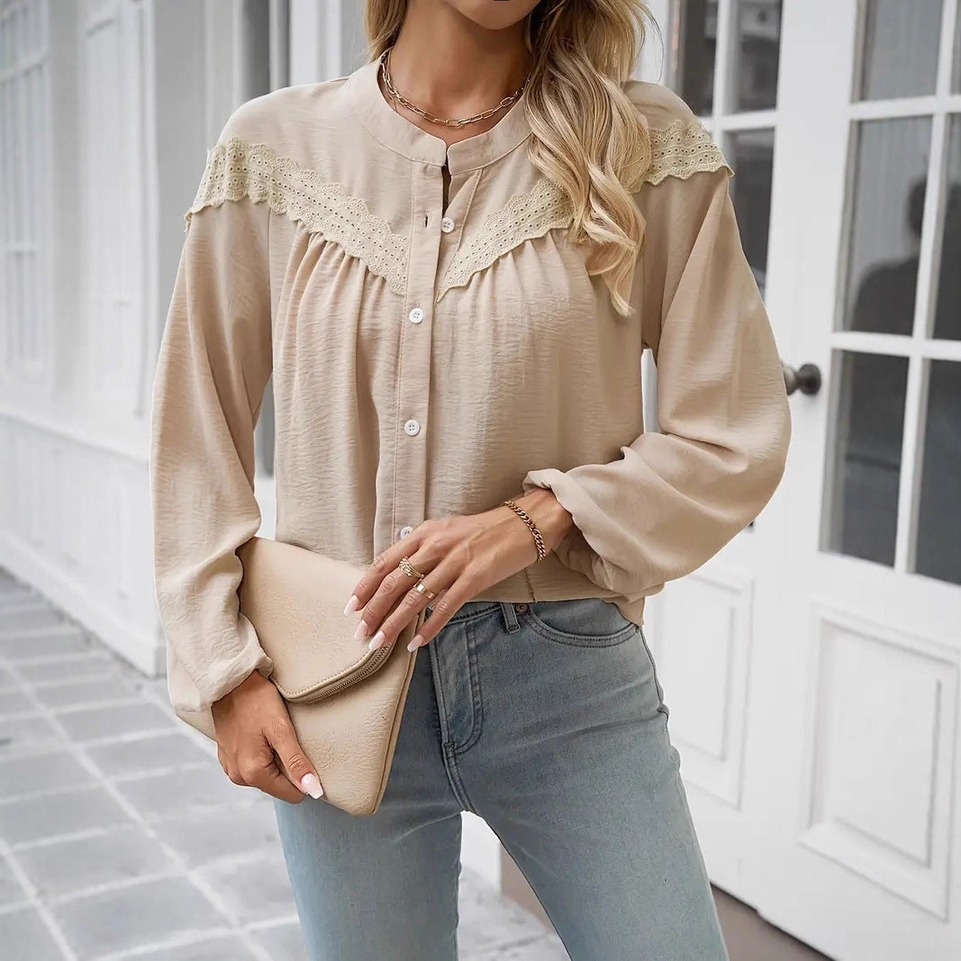 Commuter Lace Patchwork Ruffled Shirt Shirt Long Sleeve - Velerat