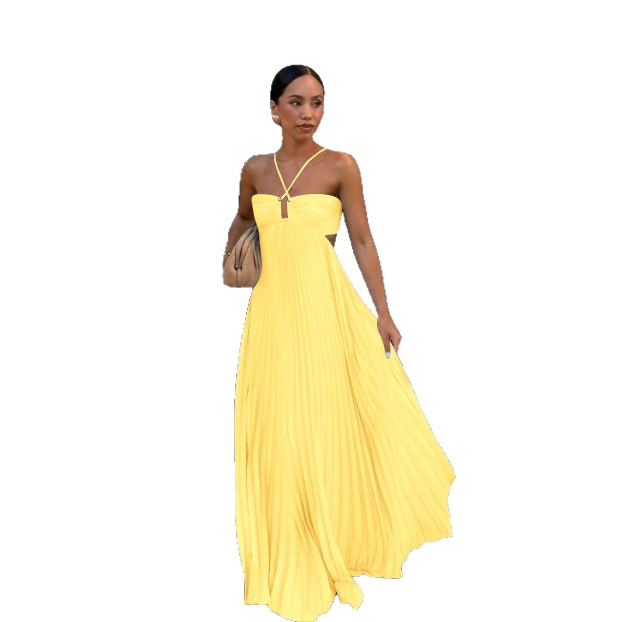 Ins Pleated Sleeveless Sling Dress Hollow High Waist Halter Robe Dresses For Evening Party Club Clothing Women - Velerat