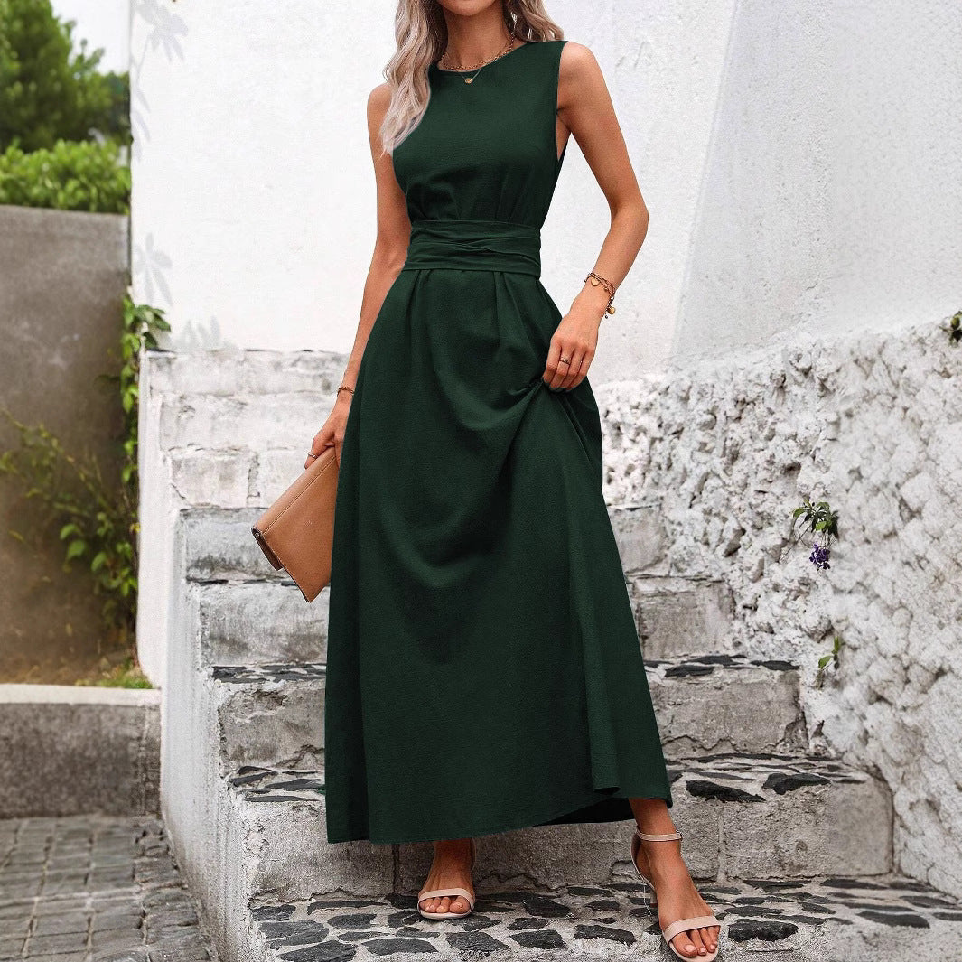 Women's Solid Color Round Neck Sleeveless Loose Casual Dress - Velerat