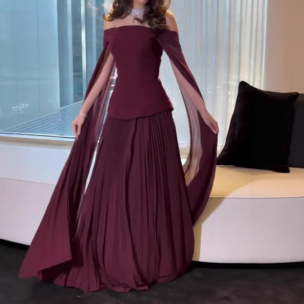 Women's Socialite Style Off-shoulder Mesh Stitching Elegant Dress - Velerat