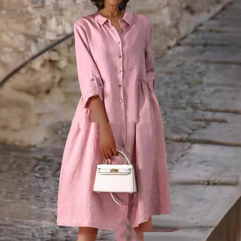 Pure Cotton And Linen Solid Color Loose Pocket Dress - Velerat