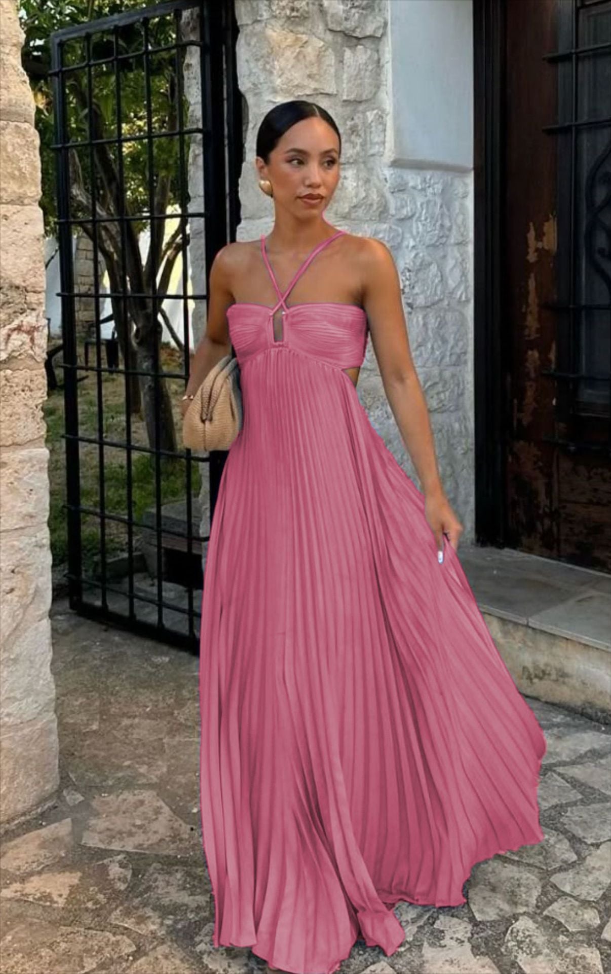 Ins Pleated Sleeveless Sling Dress Hollow High Waist Halter Robe Dresses For Evening Party Club Clothing Women - Velerat
