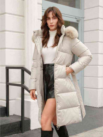 Anewsta Women's Solid Color Long Sleeve Zip Up Hooded Padded Coat With Faux Fur Trim