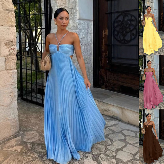 Ins Pleated Sleeveless Sling Dress Hollow High Waist Halter Robe Dresses For Evening Party Club Clothing Women - Velerat