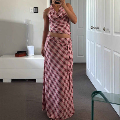 Women's Color-contrast Check Patchwork Skirt Suit