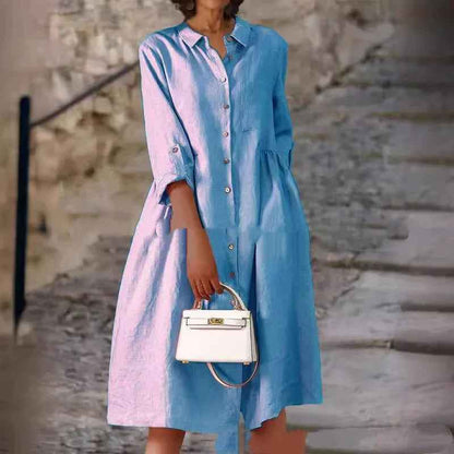 Pure Cotton And Linen Solid Color Loose Pocket Dress