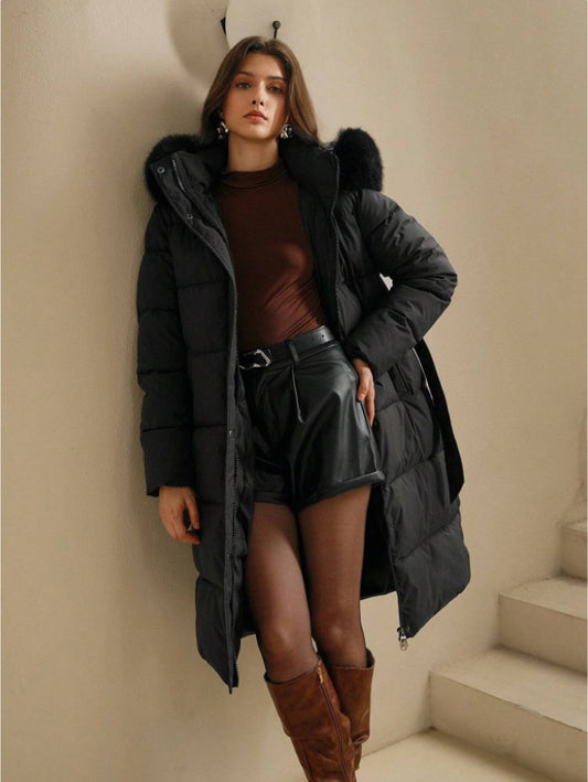 Anewsta Women's Solid Color Long Sleeve Zip Up Hooded Padded Coat With Faux Fur Trim - Velerat
