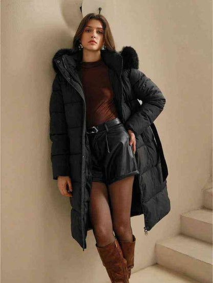 Anewsta Women's Solid Color Long Sleeve Zip Up Hooded Padded Coat With Faux Fur Trim