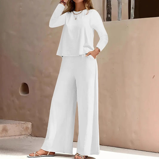 Long Sleeve Loose Wide Leg Pants Suit - Velerat