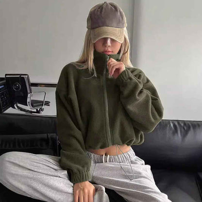 Short Autumn And Winter Stand-up Collar Thick Lamb Wool Drawstring Coat Women - Velerat