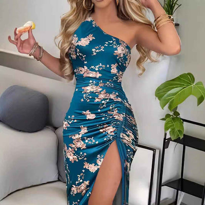 Oblique Shoulder Printed Sheath Dress High Slit