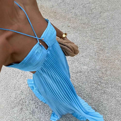 Ins Pleated Sleeveless Sling Dress Hollow High Waist Halter Robe Dresses For Evening Party Club Clothing Women
