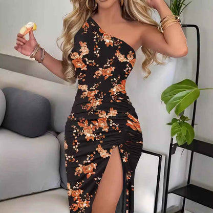 Oblique Shoulder Printed Sheath Dress High Slit