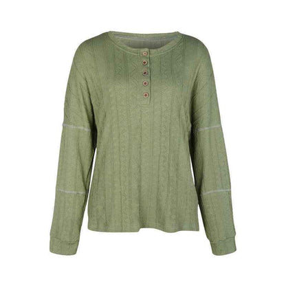 Crew Neck Casual Green Button Jacquard Sweater