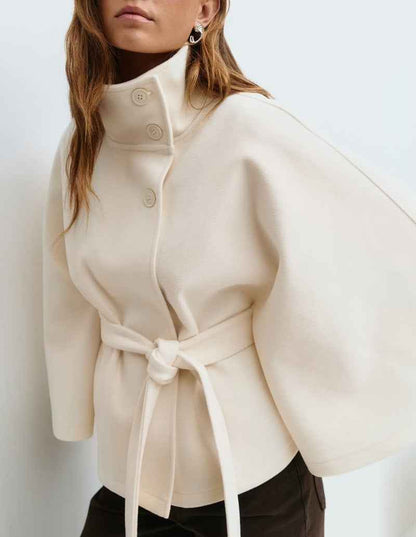 Winter High Neck Batwing Sleeve Coat With Belt Fashion