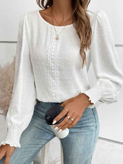 Women's Ruffled Pleated Long Sleeve Round Collar Top Shirt