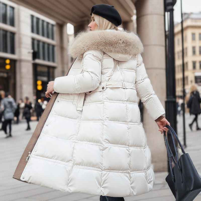 Winter Slim Long Jacket With Fur Hood And Belt Fashion
