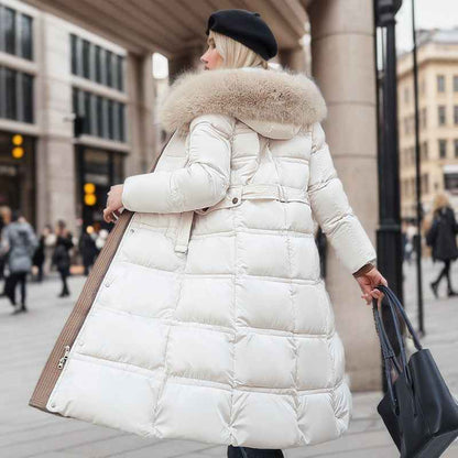 Winter Slim Long Jacket With Fur Hood And Belt Fashion