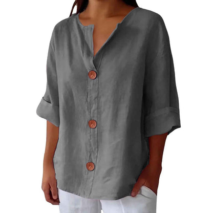 Loose T-shirt Women's V-neck Cotton And Linen Button Top