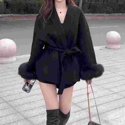 Women’s Hepburn-Style Wool Blend Coat – Lace-Up Furry Sleeves Casual