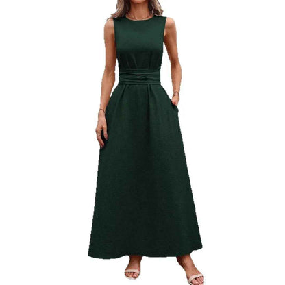 Women's Solid Color Round Neck Sleeveless Loose Casual Dress - Velerat