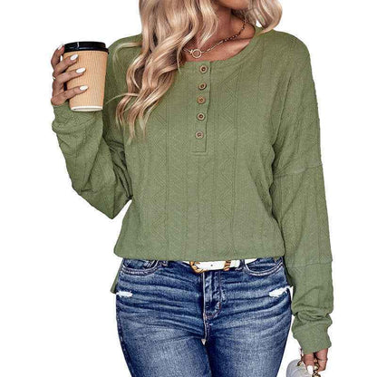 Crew Neck Casual Green Button Jacquard Sweater