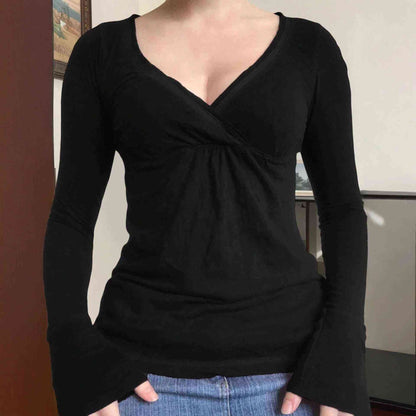 Black V-neck Long Sleeve Top For Women
