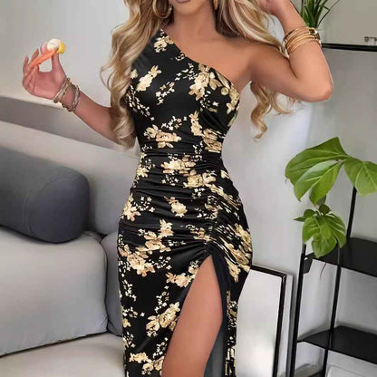 Oblique Shoulder Printed Sheath Dress High Slit
