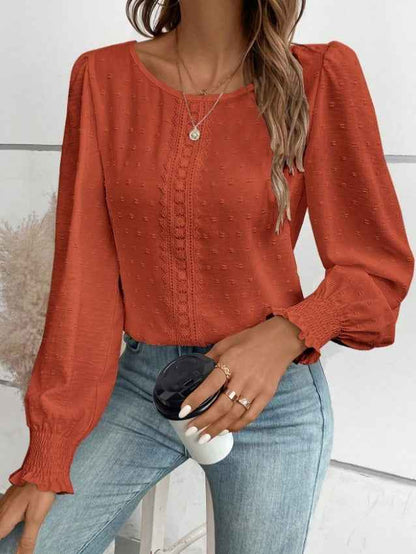 Women's Ruffled Pleated Long Sleeve Round Collar Top Shirt