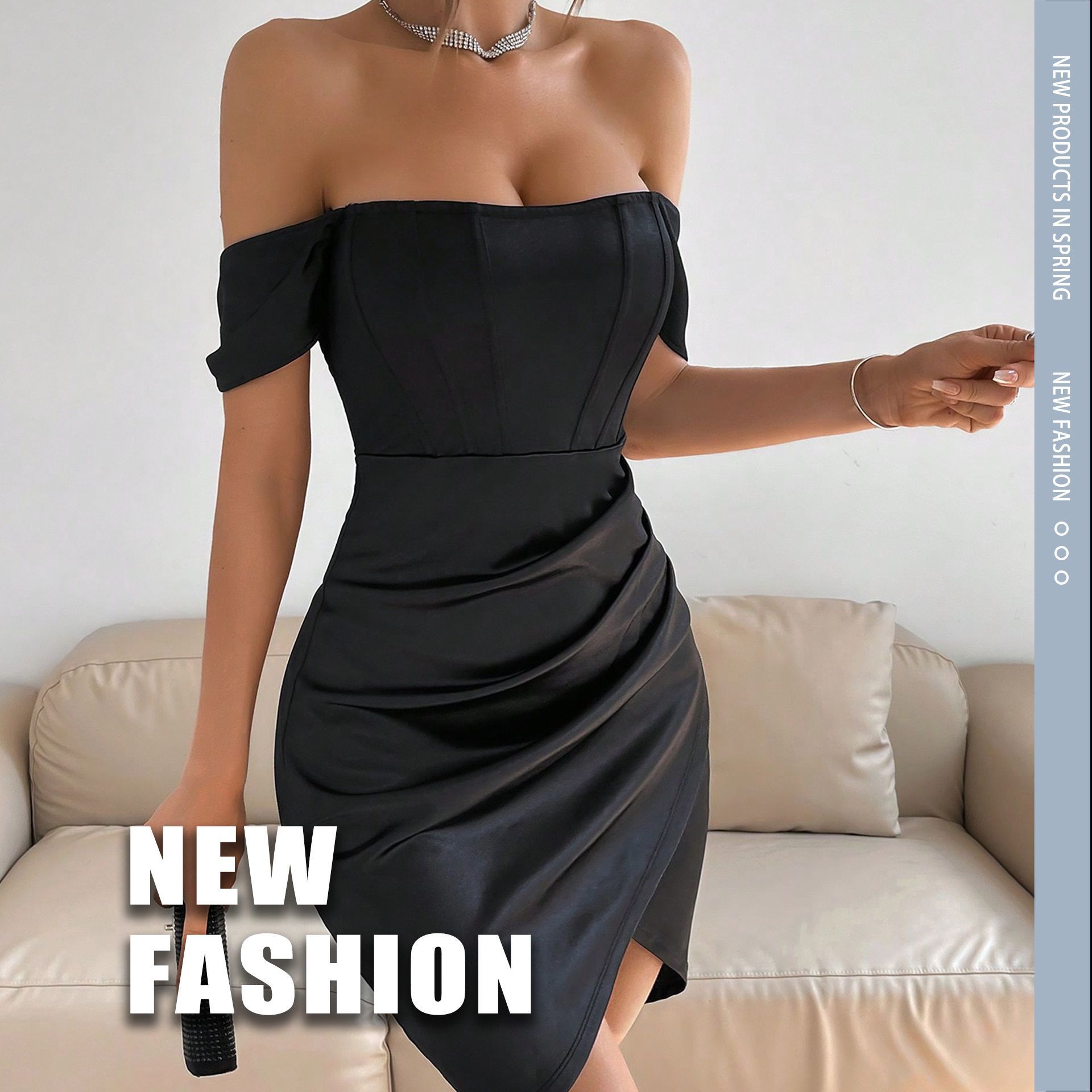 Off-shoulder Collar Spring Women's Mid-length Dress - Velerat