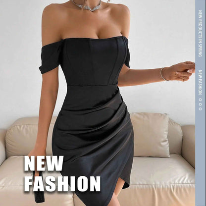 Off-shoulder Collar Spring Women's Mid-length Dress - Velerat